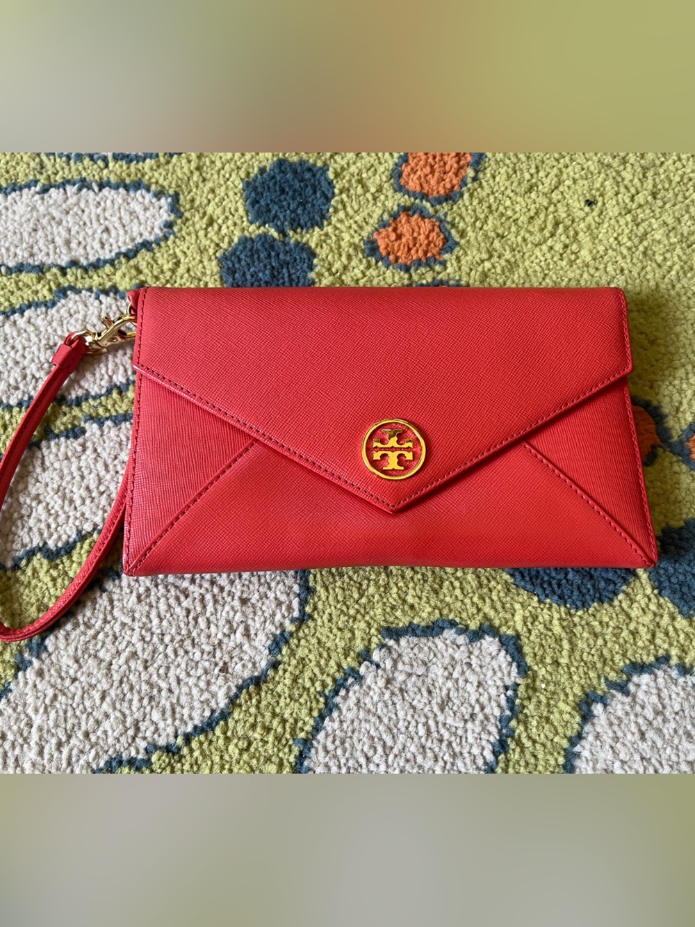 Tory Burch Red Saffiano Red Envelope Wristlet with Gold Logo NWOT